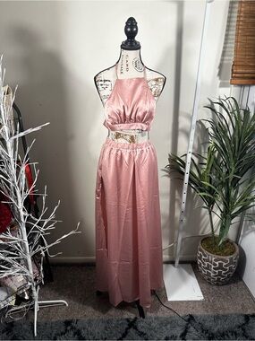 HYFVE- Pink Satin Two-Piece Halter Top & Maxi Skirt Set